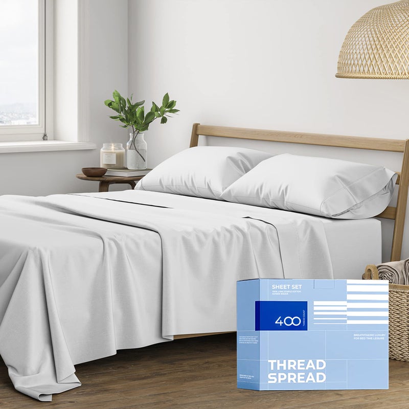 Thread Spread 100% Cotton Queen Sheets Set - 400 Thread Count Queen Size Sheets (4 PC, Silver Grey), 16" Deep Pocket All Around Elastic, Soft, Cooling, Durable & Breathable Sateen Weave Bed Sheet Set - Image 1